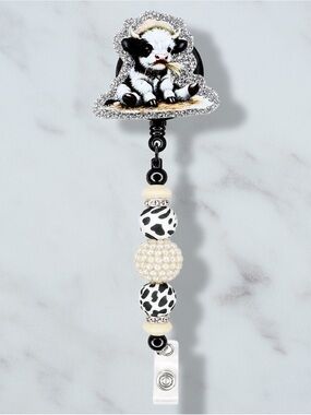 Highland Cow Black & White Beanie Beaded Badge Reel